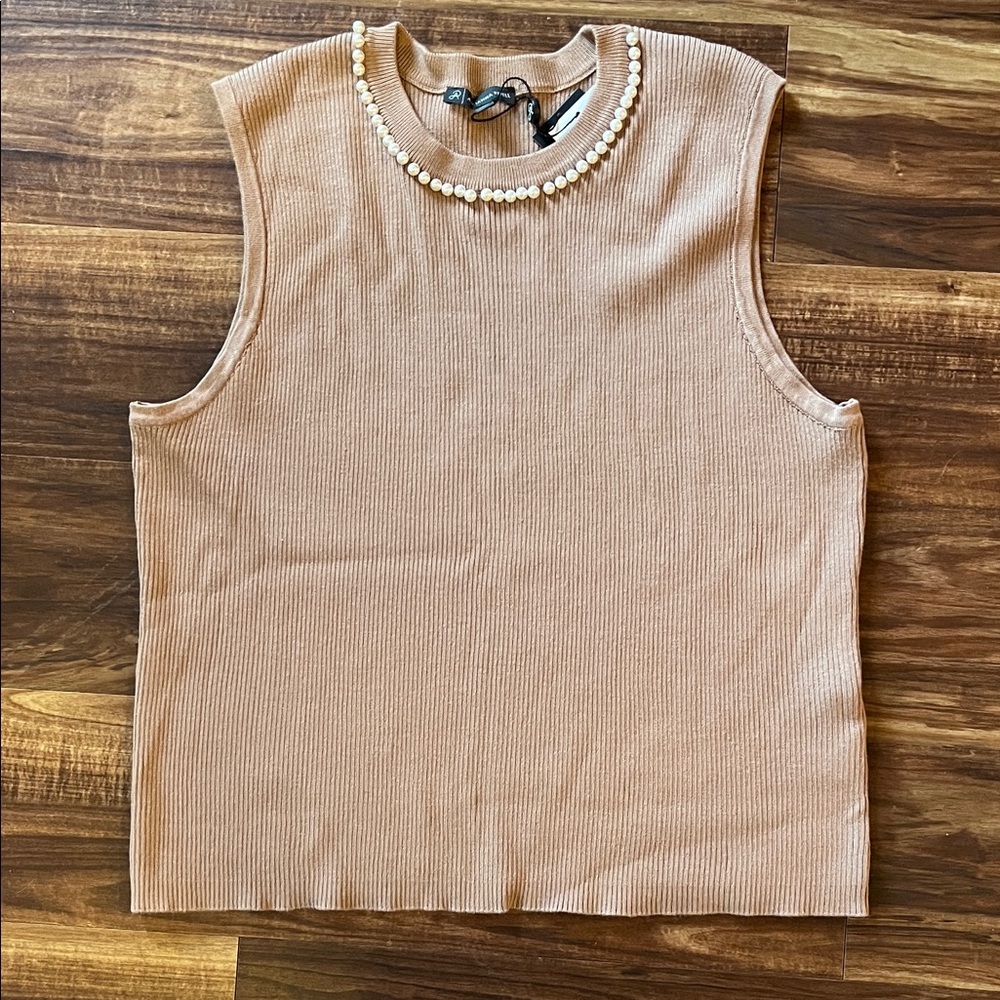 Adrianna Papell Tan Tank Top with Pearl Details